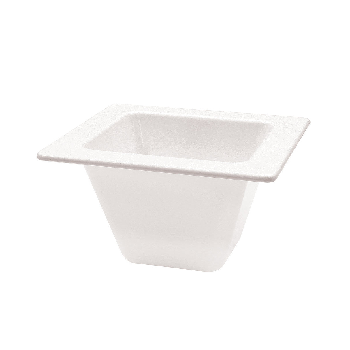 A white, square-shaped disposable foam bowl with a wide rim and tapered sides is shown on a plain background. Similar in purpose to an Aurora Collection Food Pan, it's ideal for serving soups, salads, or snacks at gatherings.