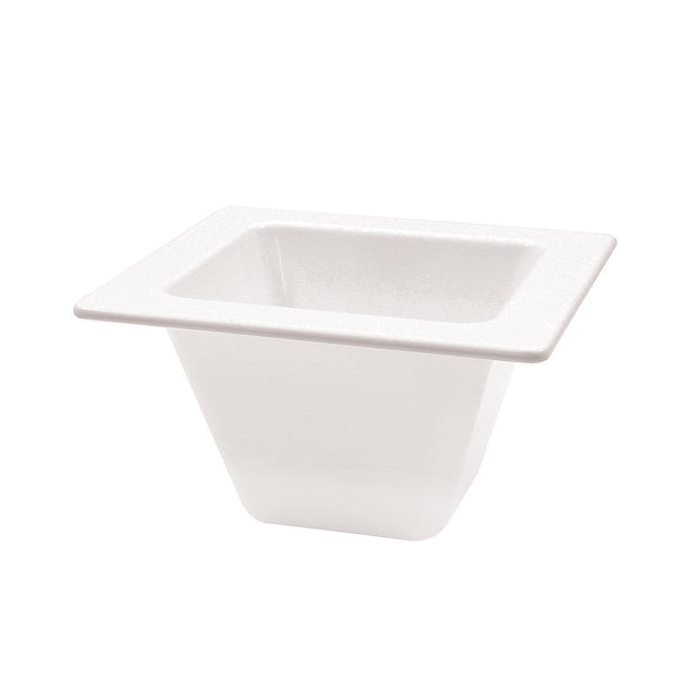 A white, square-shaped disposable foam bowl with a wide rim and tapered sides is shown on a plain background. Similar in purpose to an Aurora Collection Food Pan, it's ideal for serving soups, salads, or snacks at gatherings.