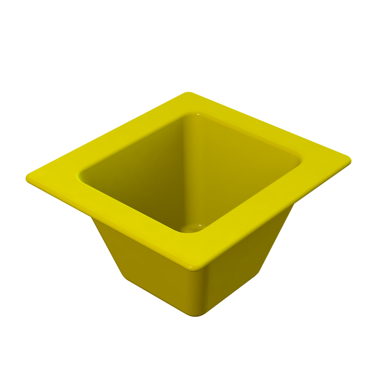 A bright yellow, square-shaped Aurora Collection Food Pan with wide, flared sides and a smooth, glossy Duracoat coated cast aluminum finish. Its open top is larger than the base, giving it a tapered, geometric appearance. NSF certified and shown empty on white.