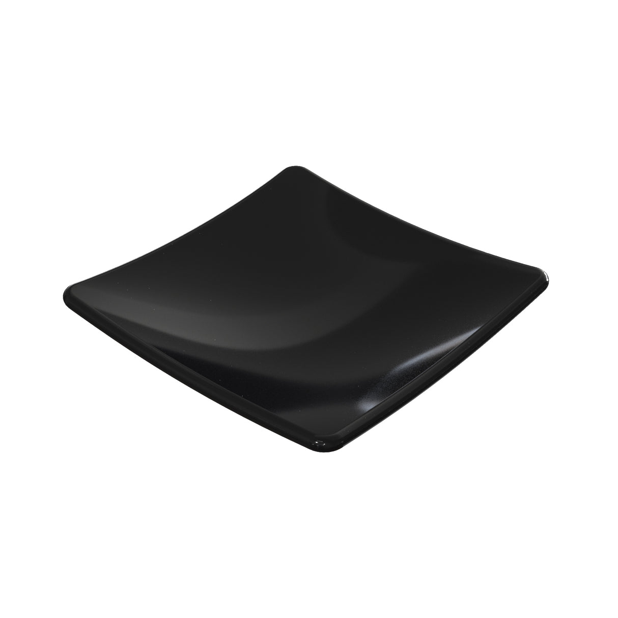 A glossy, black, square plate with gently upturned edges crafted from cast aluminum. The plate is empty and sits on a plain white background. Its modern, minimalist design gives it a sleek and elegant appearance.