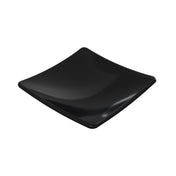 A glossy, black, square plate with gently upturned edges crafted from cast aluminum. The plate is empty and sits on a plain white background. Its modern, minimalist design gives it a sleek and elegant appearance.