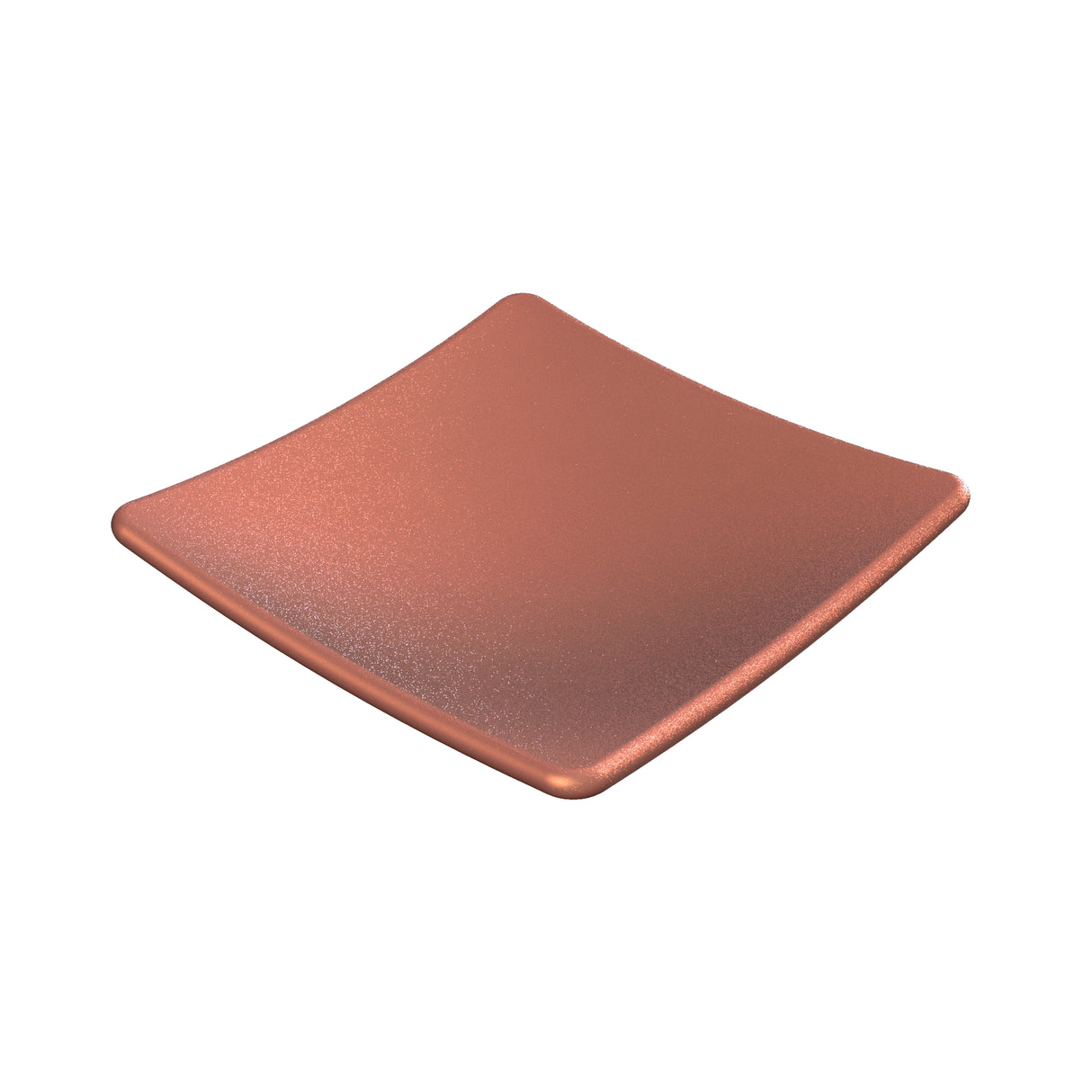 A square, cast aluminum plate with a copper finish, featuring softly rounded edges and a gently curved surface, floats against a plain white background. The plate has a smooth, matte texture and no visible patterns or markings.