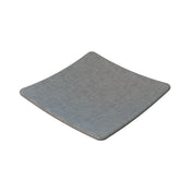 A square, shallow gray plate with gently upturned edges, crafted from smooth cast aluminum, displayed on a white background. The plate appears minimalist and modern in design and is dishwasher safe for easy cleaning.