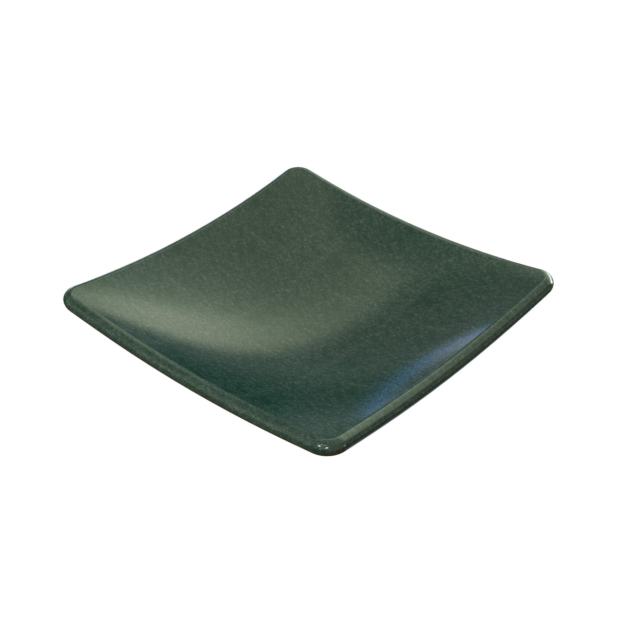 A dark green, square-shaped plate with slightly curved, upward edges and a smooth, glossy surface, reminiscent of the Sierra Collection Spoon Rest and crafted from durable Duracoat coated cast aluminum. The plate appears simple and modern in design.