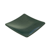 A dark green, square-shaped plate with slightly curved, upward edges and a smooth, glossy surface, reminiscent of the Sierra Collection Spoon Rest and crafted from durable Duracoat coated cast aluminum. The plate appears simple and modern in design.
