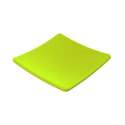 A bright green, square-shaped plate with gently curved edges is set against a plain white background. Crafted from Duracoat coated cast aluminum, the plate features a smooth, shiny surface and a modern, minimalist design.