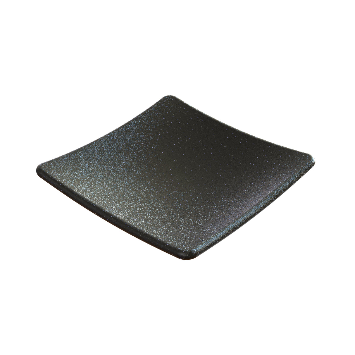 A square, slightly concave black plate crafted from cast aluminum with a subtle shimmering texture and rounded edges. The plate’s speckled, glittery finish offers an elegant look and is conveniently dishwasher safe.