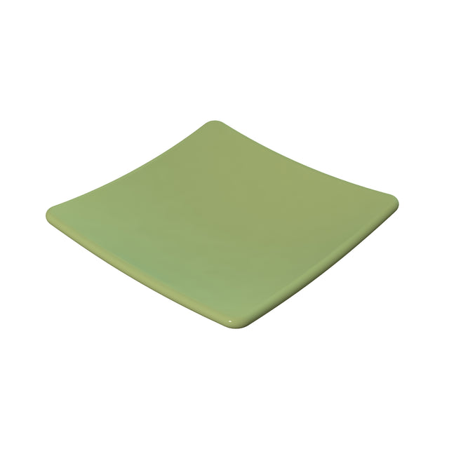 A square, light green ceramic plate with gently curved edges and a glossy finish, set against a plain white background. This minimalistic and modern design is also dishwasher safe for easy cleaning.