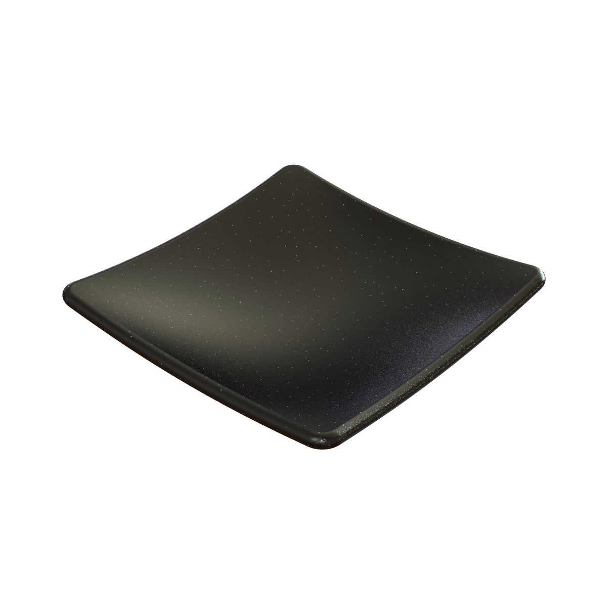 A square, black plate with gently curved, upward-turned edges. Made from cast aluminum, it features a smooth, glossy finish with tiny white speckles resembling stars. Dishwasher safe. The background is plain white.