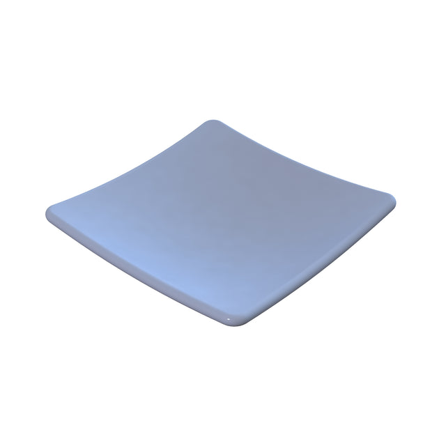 A simple, empty, square-shaped plate with slightly upturned edges. Crafted from cast aluminum, this light blue, glossy plate features a smooth, minimalist design—dishwasher safe and perfect as a stylish spoon rest.