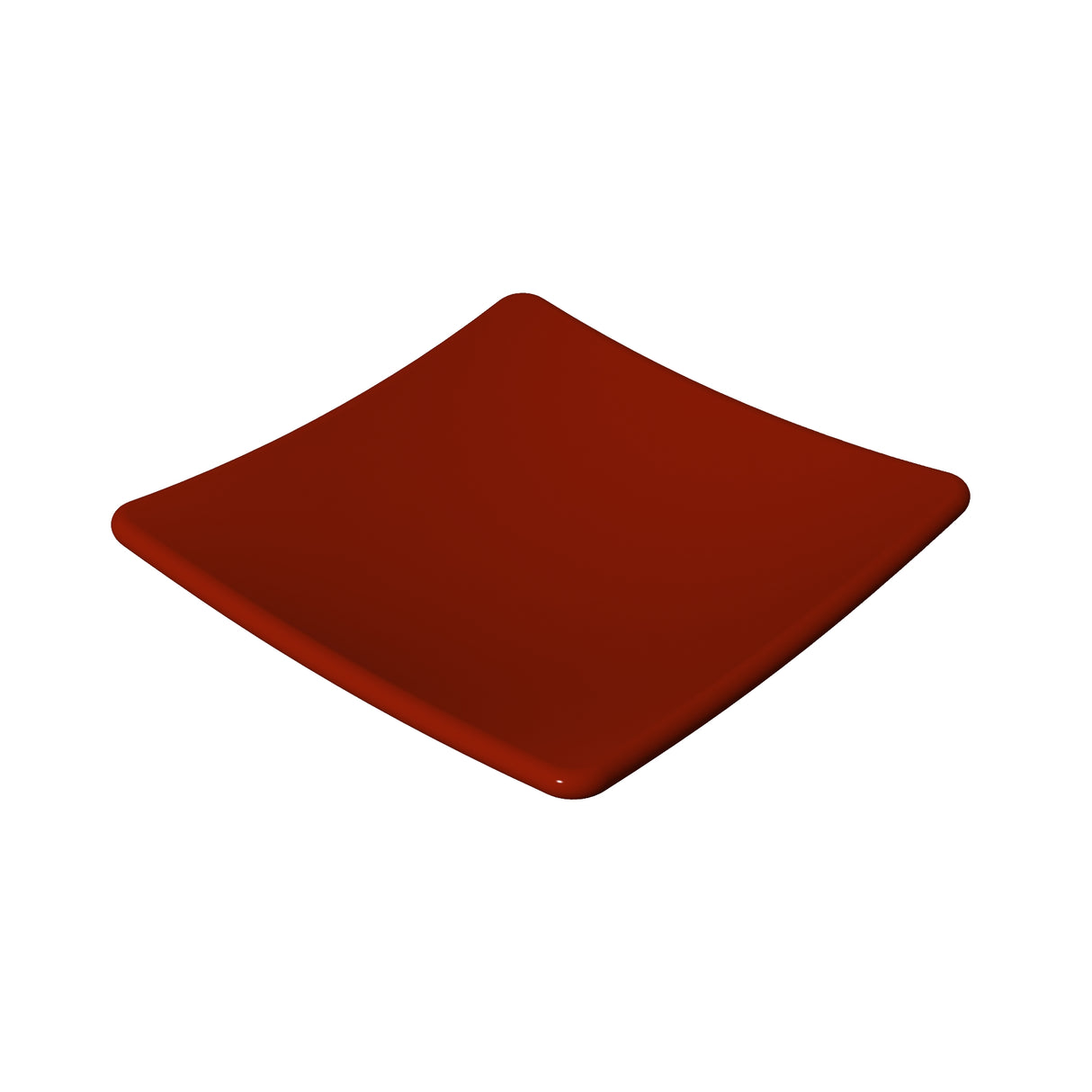 A shiny, square, deep red plate with slightly curved edges is centered on a plain white background. Crafted from cast aluminum, its smooth and reflective surface enhances the modern, minimalistic design.