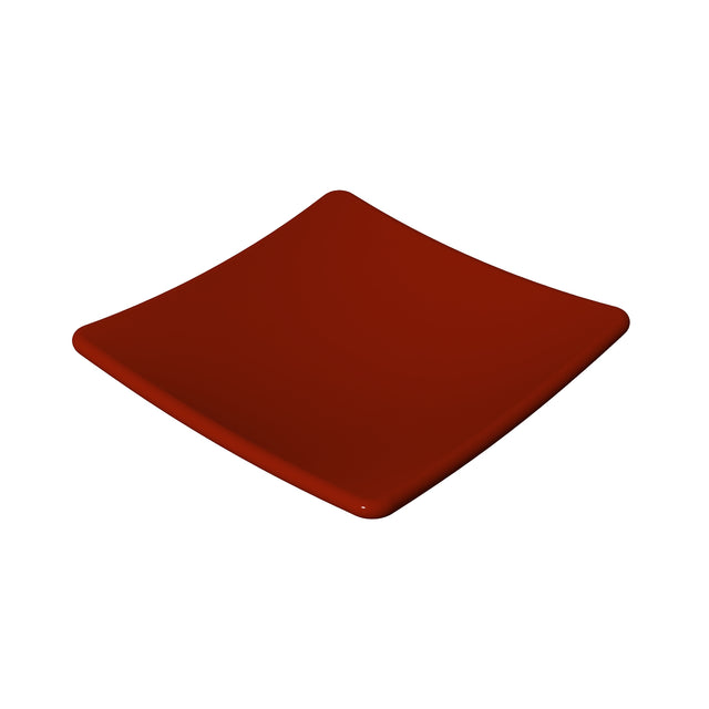 A shiny, square, deep red plate with slightly curved edges is centered on a plain white background. Crafted from cast aluminum, its smooth and reflective surface enhances the modern, minimalistic design.