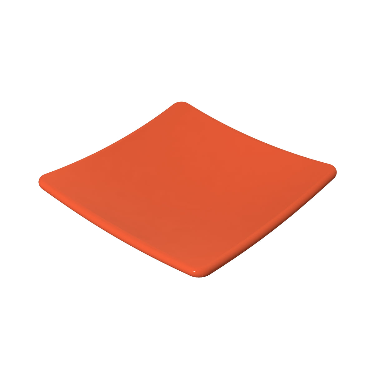 A square, orange plate with slightly curved edges sits on a white background. Made from Duracoat coated cast aluminum, this modern piece has a smooth, glossy finish and minimalist design, highlighting the vibrant color typical of the Sierra Collection.