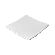 A plain, empty, white square plate with slightly upturned edges is shown against a white background. The minimalist design features a smooth, glossy finish and is dishwasher safe for easy cleaning.