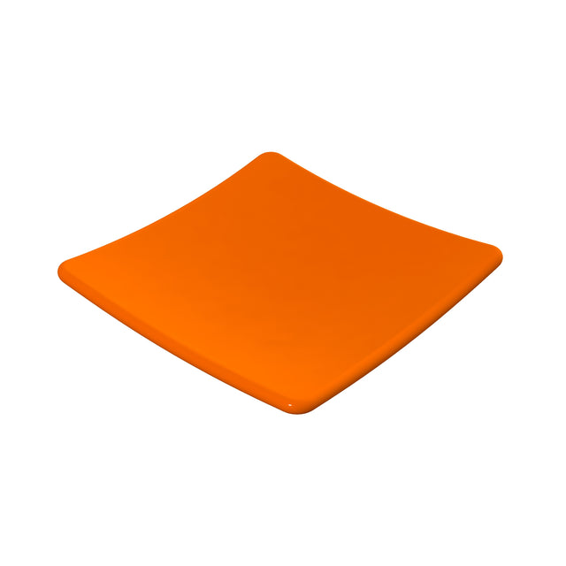 A square, glossy orange plate with slightly upturned edges, this modern piece is crafted from cast aluminum. Its smooth surface and minimalist design make it both stylish and dishwasher safe, perfect for contemporary kitchens.