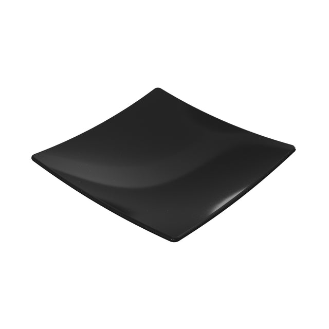 A glossy, black finish square plate with gently upturned edges, photographed on a plain white background. The plate’s minimalist and modern design gives it a sleek, contemporary appearance.