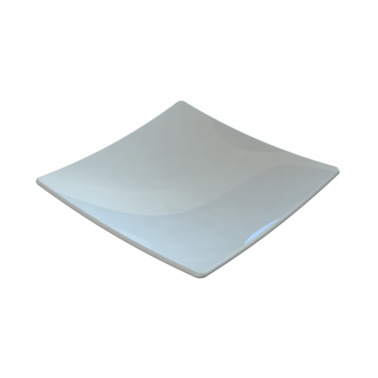A square, white ceramic plate with gently curved edges and a glossy finish, displayed on a plain white background. The plate's surface reflects light, creating subtle highlights and shadows reminiscent of the Sierra Collection Bowl.