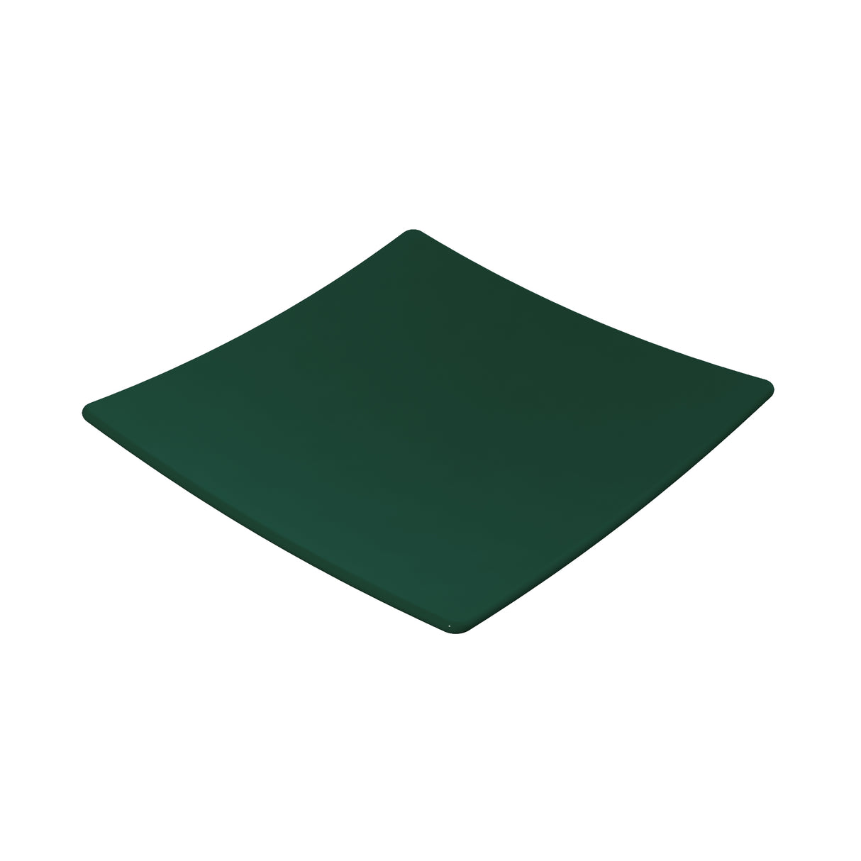 A dark green, square-shaped plate with gently curved edges features a smooth hunter green finish. Minimalist and flat with no visible patterns or decorations, it brings modern elegance to any table setting.