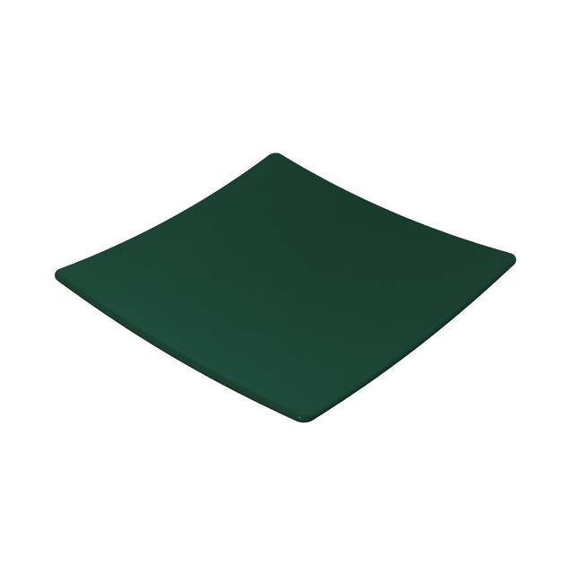 A dark green, square-shaped plate with gently curved edges features a smooth hunter green finish. Minimalist and flat with no visible patterns or decorations, it brings modern elegance to any table setting.