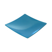 A blue square plate with a sky blue finish on a white background.