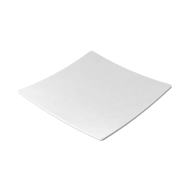 A plain, empty, white square plate with a smooth, glossy white finish and slightly upturned edges is centered on a white background. Its clean, minimalist design complements any setting.