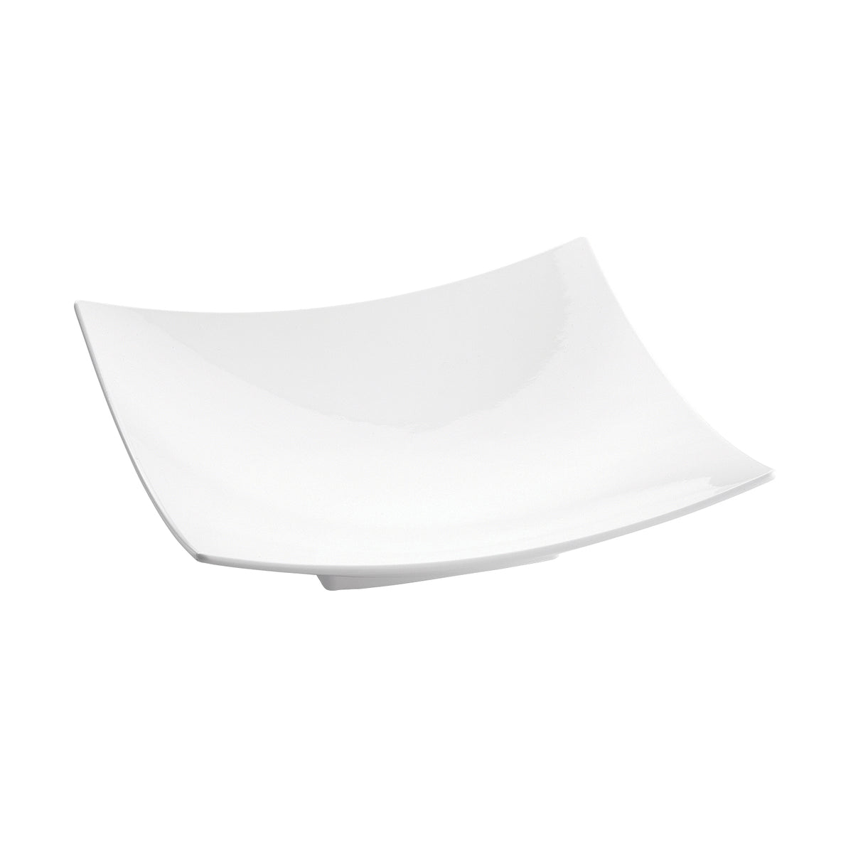 A plain, glossy white square plate with gently curved, upward-tilting edges. Photographed against a white background, it pairs perfectly with the Sierra Collection Bowl for a clean and minimalist appearance.