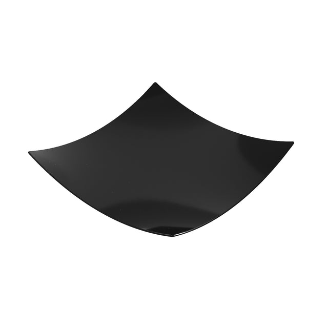 A glossy, black, square-shaped plate with slightly curved, upward-tilting edges is shown against a white background. Inspired by the Sierra Collection Bowl, it features a modern and minimalist design perfect for contemporary tablescapes.