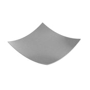 A square, metallic silver plate with gently upward-curving edges, forming a shallow, bowl-like shape. This NSF aluminum bowl is photographed against a plain white background, highlighting its shiny and modern appearance.