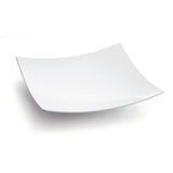 A plain, white, square-shaped cast aluminum bowl with slightly upturned edges is set against a white background. The bowl’s smooth surface and minimalist design give it a modern and elegant appearance.
