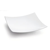 A plain, white, square-shaped cast aluminum bowl with slightly upturned edges is set against a white background. The bowl’s smooth surface and minimalist design give it a modern and elegant appearance.