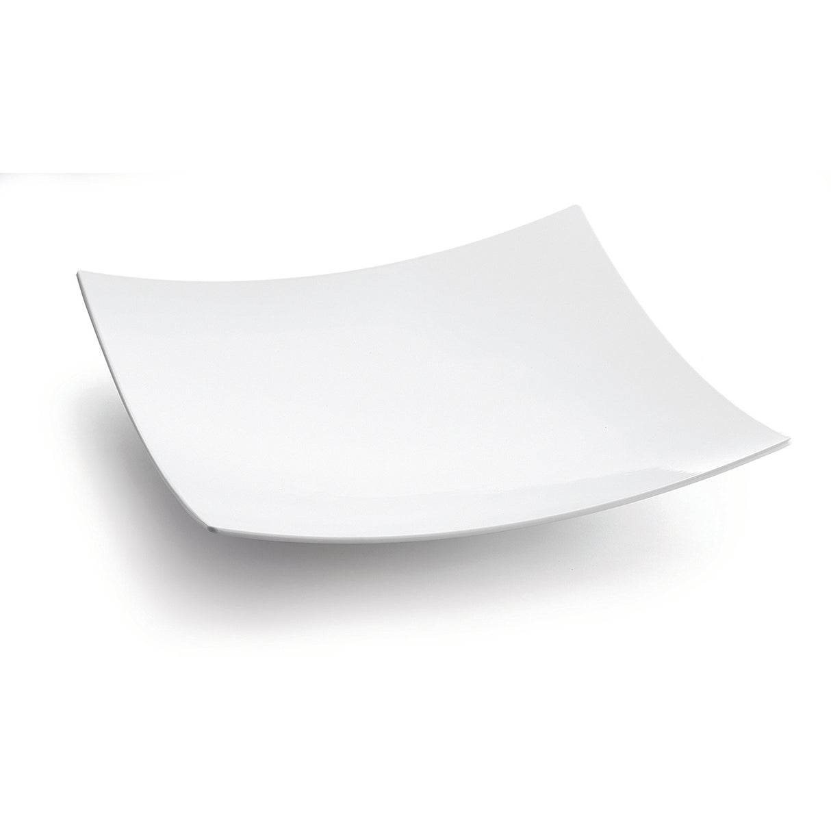 A plain, square, white plate with slightly upturned edges is shown against a white background. Its glossy finish and minimalistic, modern design pair perfectly with a Sierra Collection Bowl for a clean, contemporary tabletop setting.