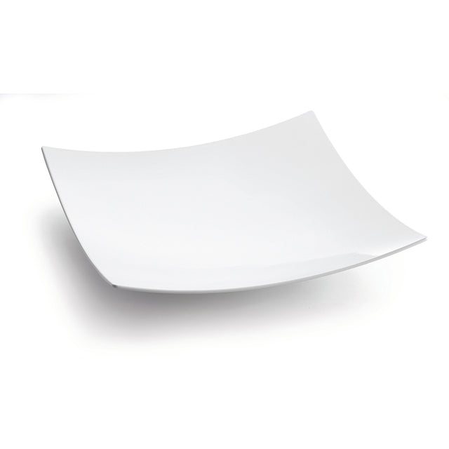 A plain, square, white plate with slightly upturned edges is shown against a white background. Its glossy finish and minimalistic, modern design pair perfectly with a Sierra Collection Bowl for a clean, contemporary tabletop setting.