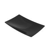 A plain, rectangular, black Sierra Collection Platter with slightly curved upward edges is set against a white background. Its glossy Duracoat cast aluminum surface reflects light, embodying a minimalist and modern design without any decorations.