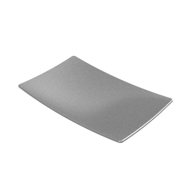 A gray, rectangular Sierra Collection Platter with slightly curved edges and a smooth surface is shown on a white background. This sand cast aluminum platter features a modern, minimalist design perfect for stylish serving.
