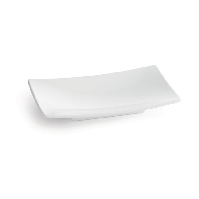 A plain white rectangular Sierra Collection Platter with slightly curved edges and a smooth, glossy surface. This Duracoat coated cast aluminum plate is empty and set against a white background, highlighting its clean, minimalist design.