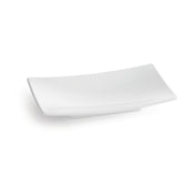 A plain, rectangular white Sierra Collection Platter with gently upturned edges sits on a white background. The plate’s smooth, glossy surface and minimalist, modern design are unadorned by any patterns or decorations.