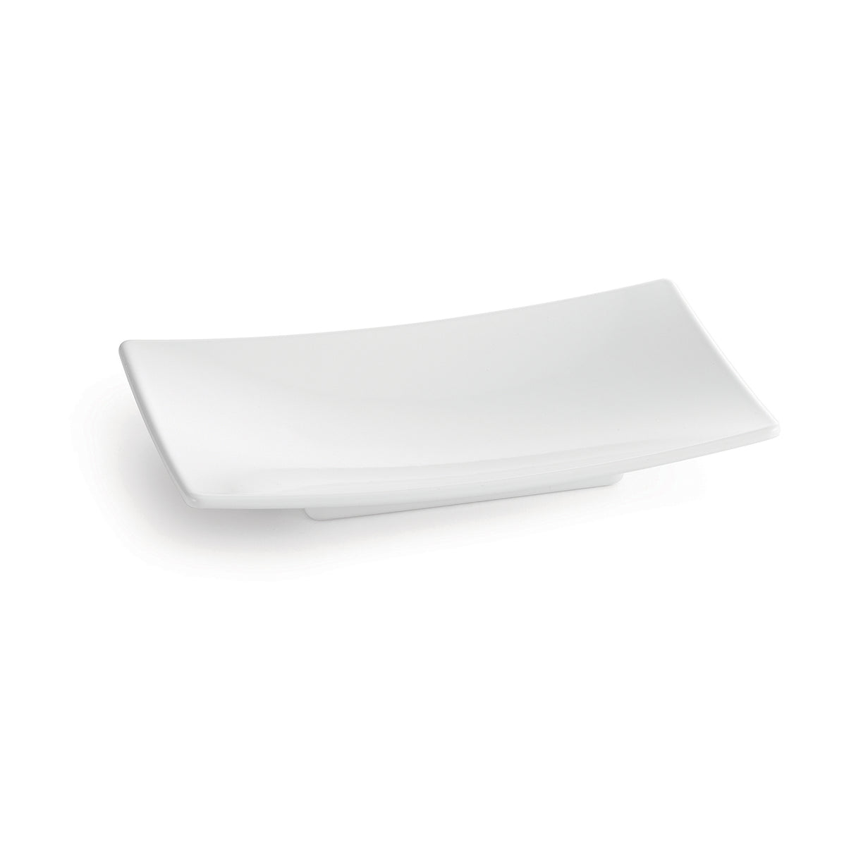 A white, rectangular Sierra Collection Platter with slightly curved edges and a smooth, glossy finish is shown against a plain background. The minimalist design gives this dishwasher safe platter a modern and elegant appearance.