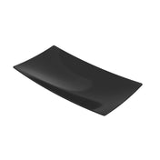 A rectangular, black, glossy plate with gently curved edges is shown against a white background. Crafted from Duracoat cast aluminum, its surface reflects light, highlighting the sleek and modern design of the Sierra Collection Bowl.