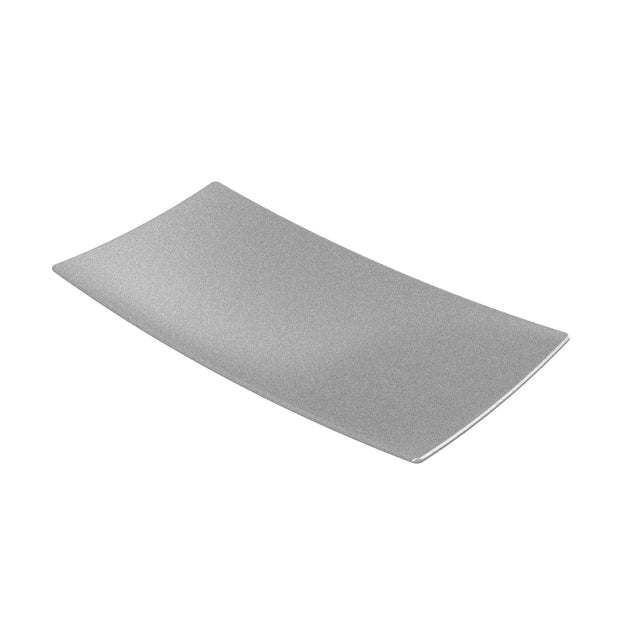 A rectangular, slightly curved, gray plate with a smooth, matte finish is shown on a white background. Crafted from sand cast aluminum, it features rounded edges and a minimalistic, modern design.