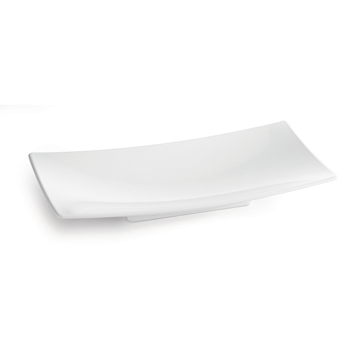 A plain, white, rectangular ceramic plate with slightly upturned edges is shown on a white background. Its minimalist design and glossy finish pair elegantly with the Sierra Collection Bowl or any cold holding bowl for a refined presentation.