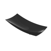 A glossy, rectangular black plate with slightly upturned edges is shown against a white background. Crafted from Duracoat coated cast aluminum, this modern, minimalist design features smooth surfaces and a gentle curve in the middle.
