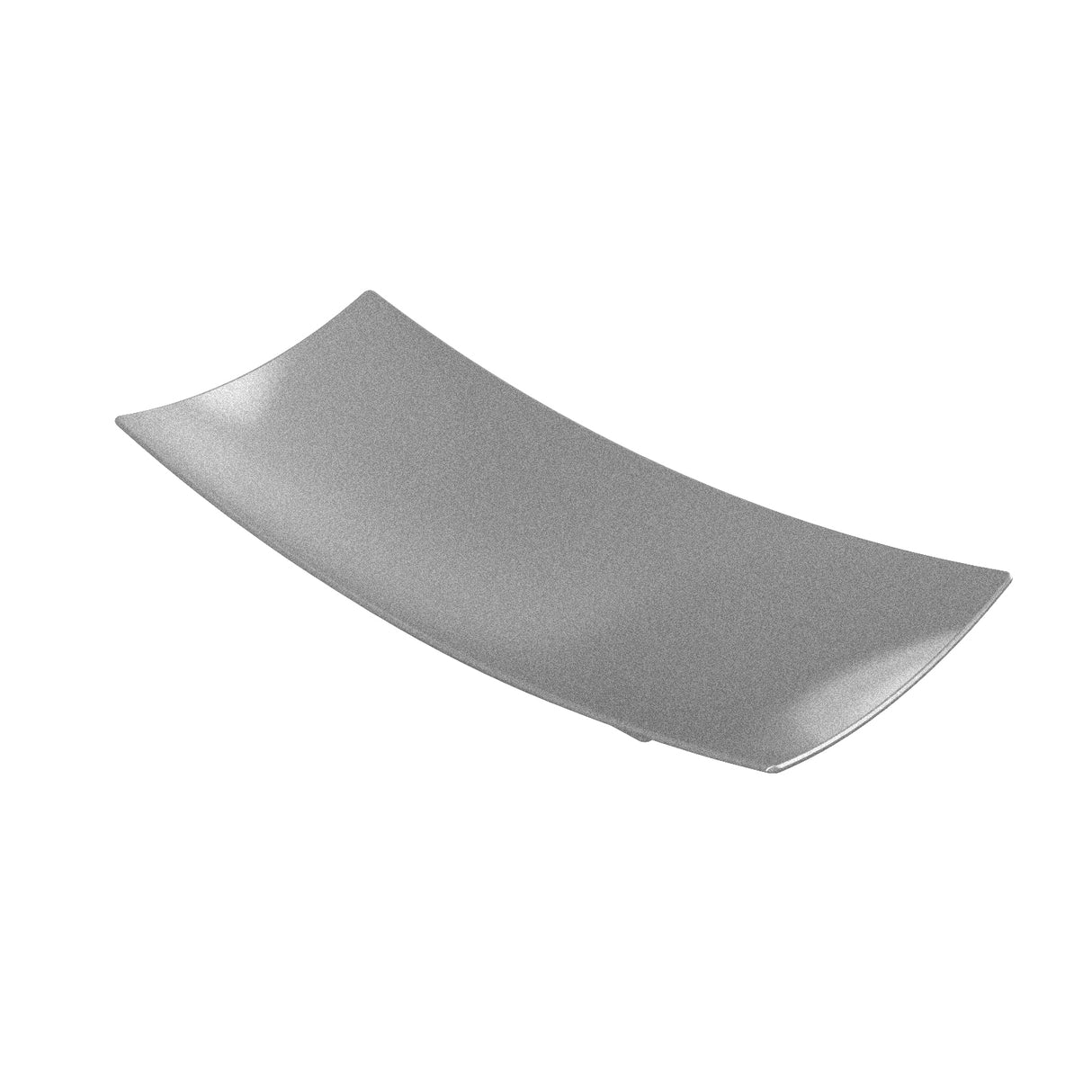 A rectangular, curved metallic silver plate from the Sierra Collection Bowl is shown on a white background. The plate, crafted from sand cast aluminum, has upturned edges and a smooth, reflective surface for a sleek, modern look.
