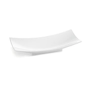 A white, rectangular ceramic plate from the Sierra Collection Bowl series features upward-curved edges and a minimalist design. Elevated on a small base, this cold holding bowl casts a soft shadow against the plain white background.