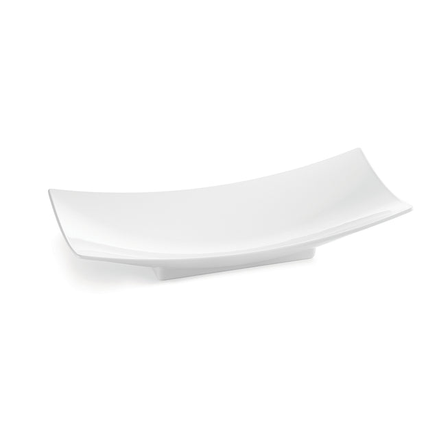 A white, rectangular ceramic plate from the Sierra Collection Bowl series features upward-curved edges and a minimalist design. Elevated on a small base, this cold holding bowl casts a soft shadow against the plain white background.