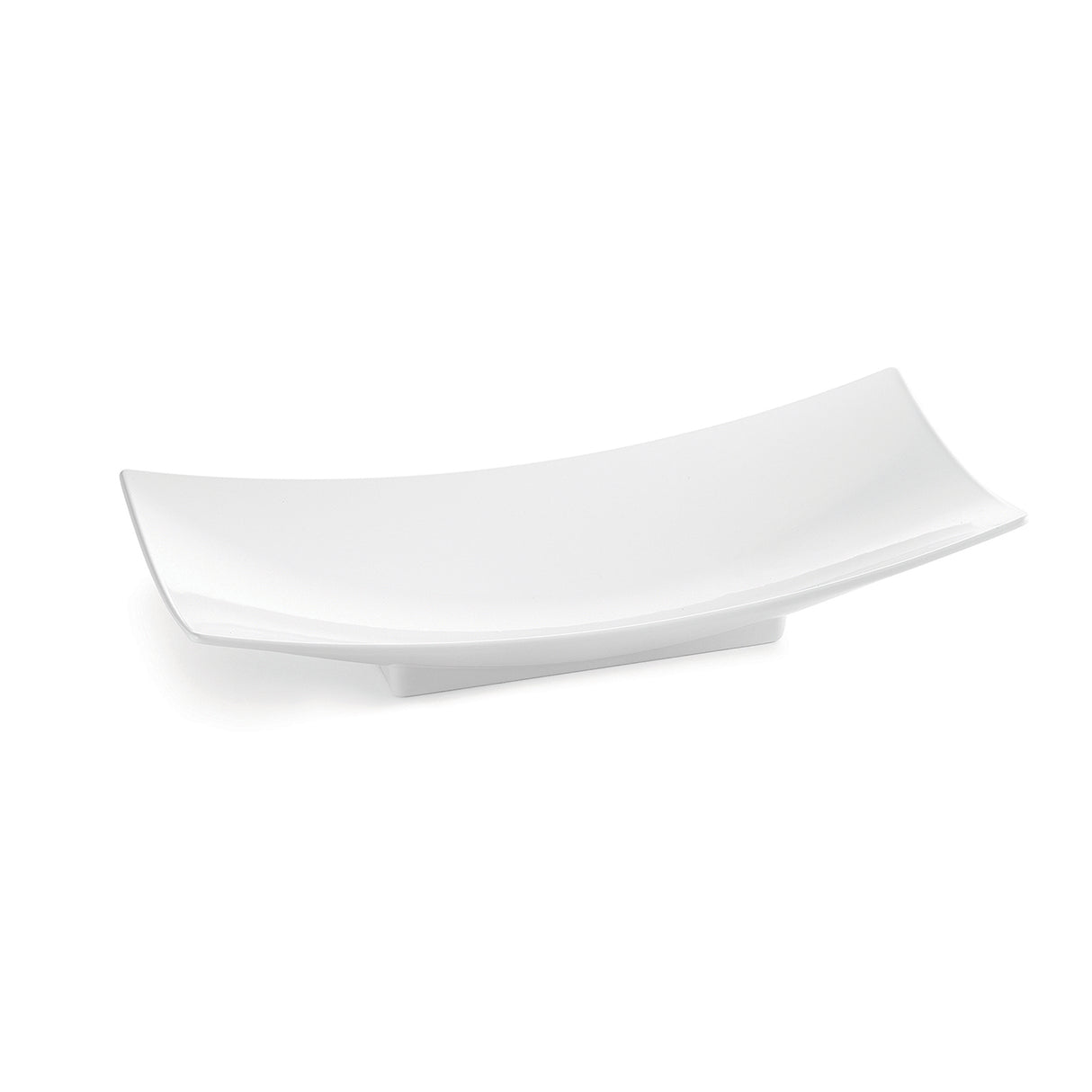 A modern, rectangular white ceramic plate with slightly raised, curved edges and a smooth surface, resting on a small rectangular base—ideal for pairing with a Sierra Collection Bowl or cast aluminum bowl. The plate is empty and set against a plain white background.