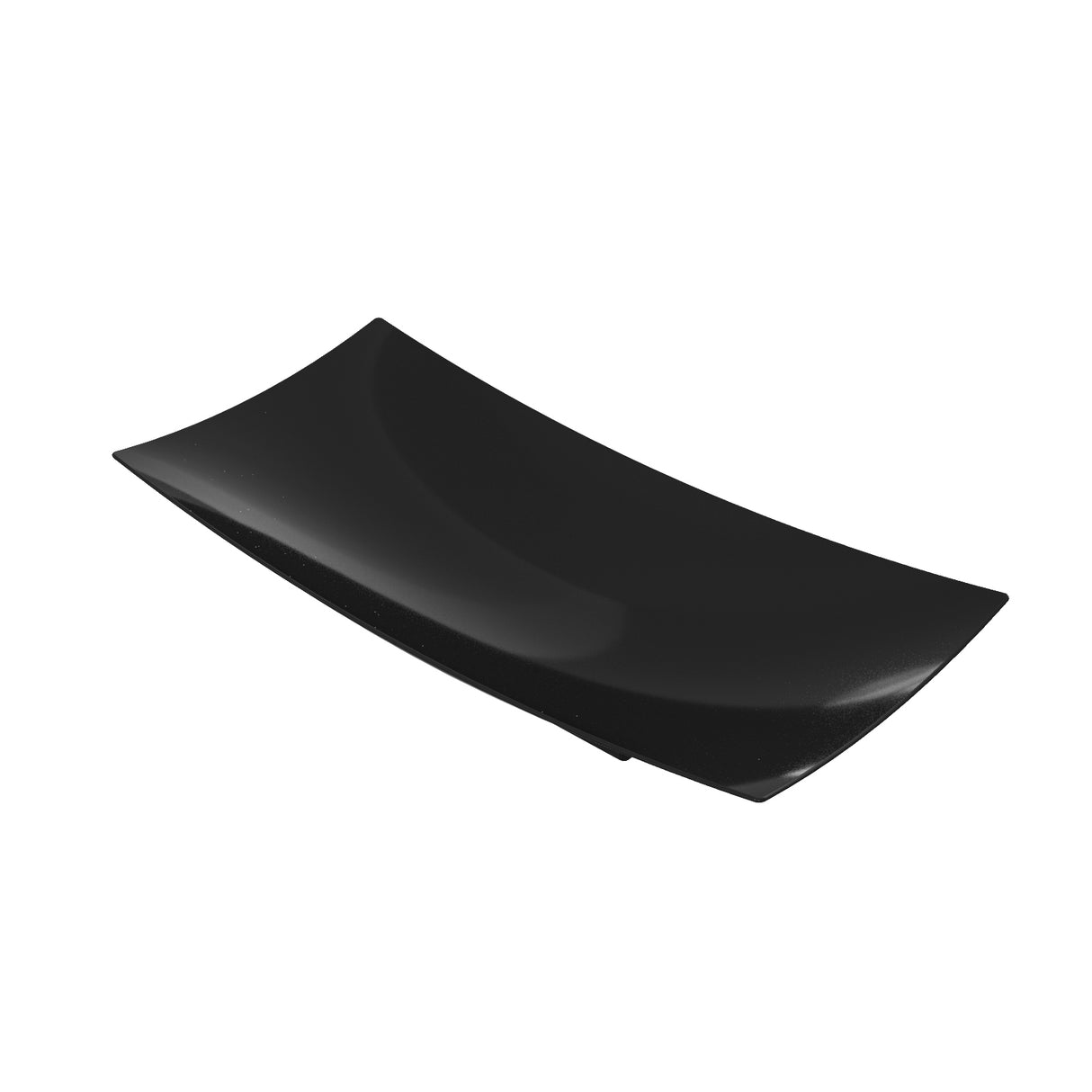 A glossy, rectangular black plate with gently curved edges and a slightly concave surface, crafted from Duracoat cast aluminum. Its modern, minimalist design makes it suitable for contemporary table settings.