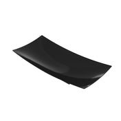 A glossy, rectangular black plate with gently curved edges and a slightly concave surface, crafted from Duracoat cast aluminum. Its modern, minimalist design makes it suitable for contemporary table settings.