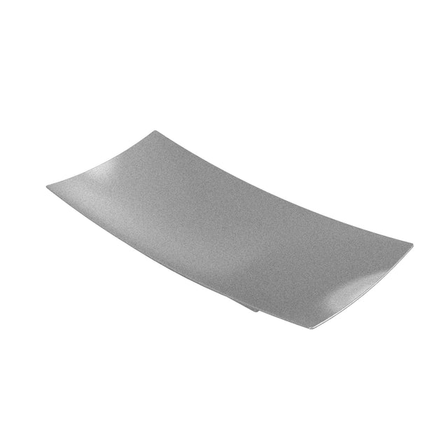 A rectangular, curved Sierra Collection Bowl tray made from sand cast aluminum with smooth edges, shown on a white background. The tray’s shiny surface reflects light, offering a sleek, modern look with gently upturned corners and minimalist design.