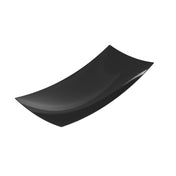 A glossy, rectangular black plate crafted from cast aluminum with gently upturned edges creates a shallow, curved surface. Photographed on a white background, it showcases a sleek, modern design—perfect as a minimalist Fruit Bowl.