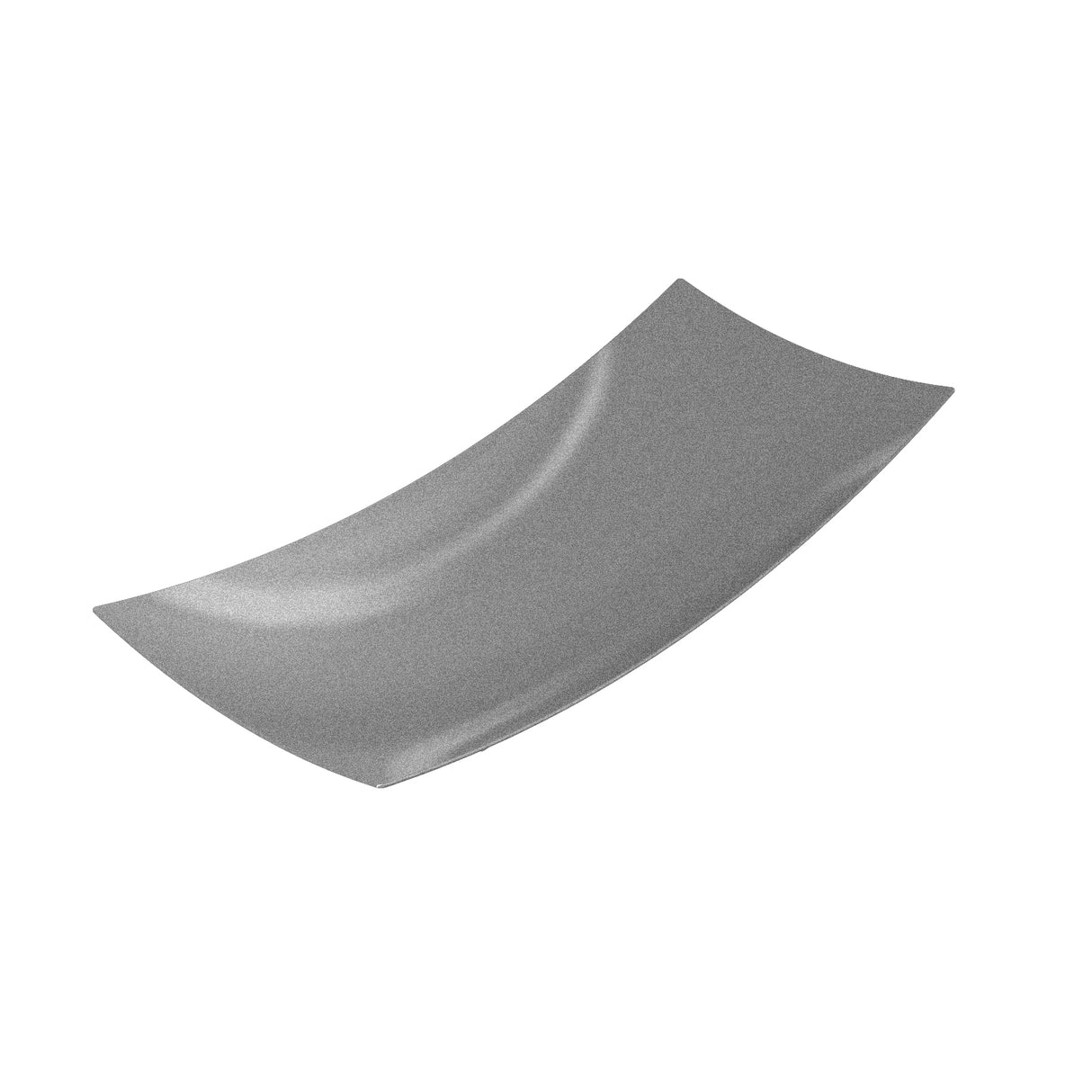 A rectangular, slightly curved gray plate from the Sierra Collection Fruit Bowl series, featuring a glossy finish. This minimalist and modern cold holding fruit bowl has smooth surfaces and upturned edges, set against a plain white background.